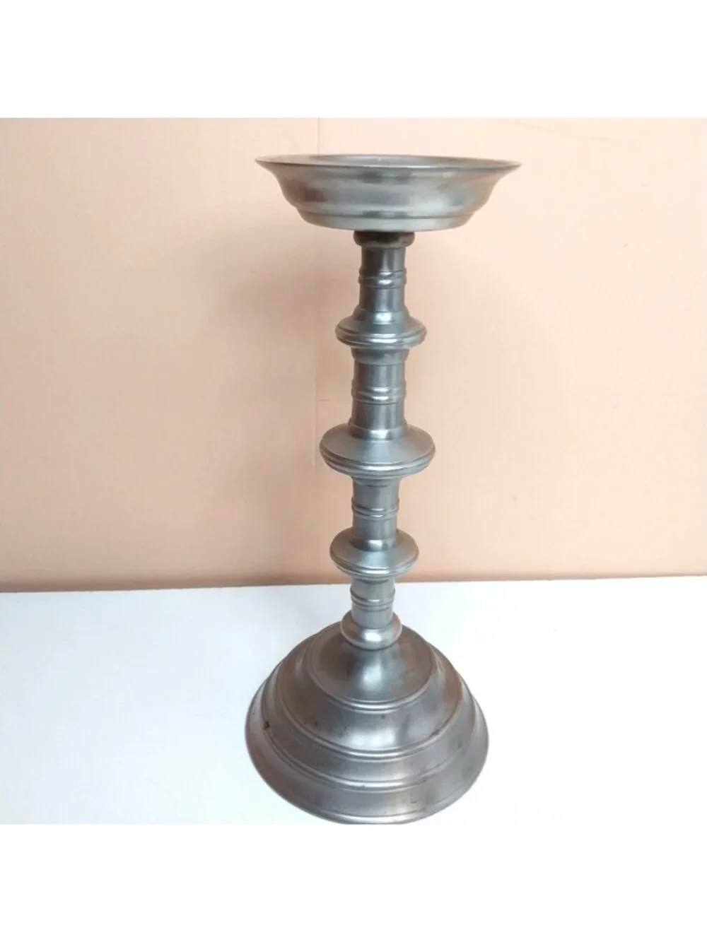 Vintage Silver Pillar Candle Holder Balustrade Polished Silver Metal 12
